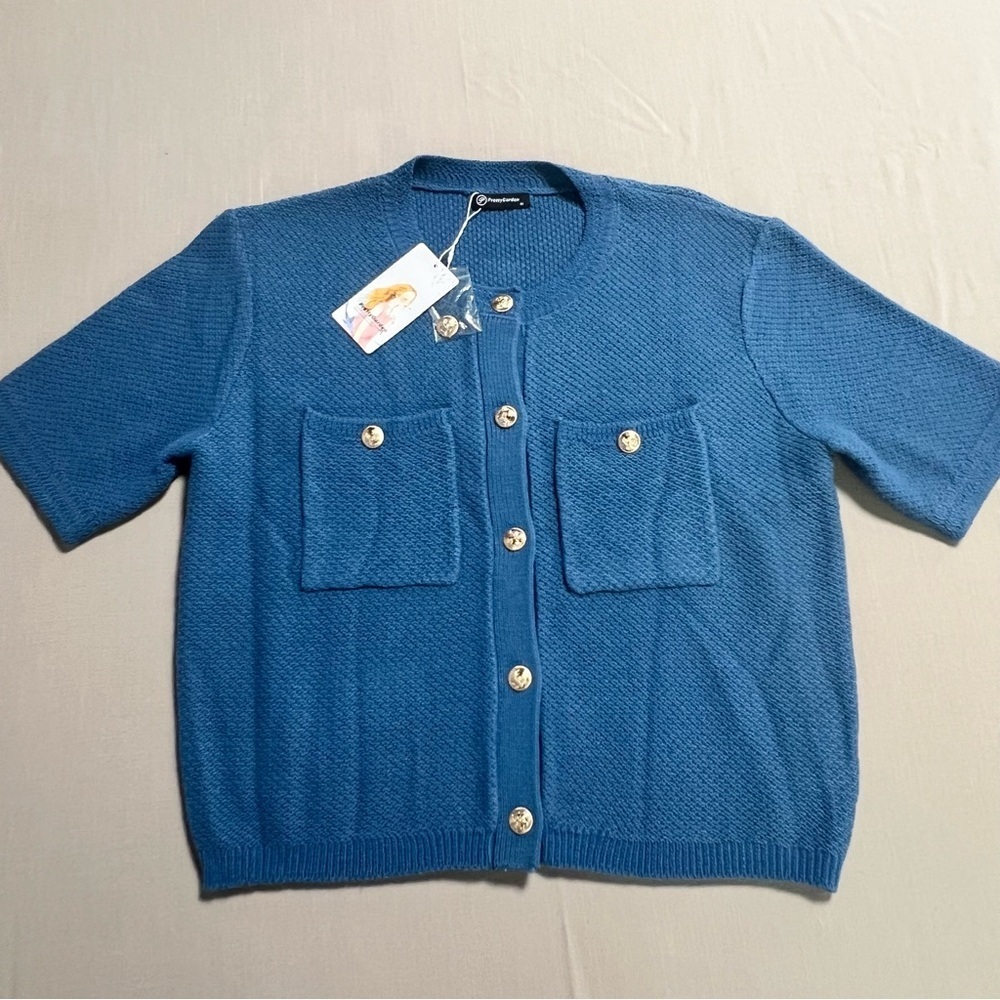 Blue Short Sleeve Knit Cardigan Sweater Women Med Gold Button Front Pockets NWT